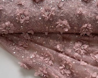 Powder pink lace with 3D flowers. Elastic mesh with delicate glitter, embroidered with sequins and beads. Perfect for dresses and blouses.