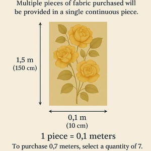 Puede incluir: Un diagrama que muestra c&oacute;mo calcular las compras de tela utilizando el sistema m&eacute;trico. La imagen muestra una ilustraci&oacute;n floral amarilla con medidas en metros y cent&iacute;metros. El texto dice "SALE BY THE METRIC SYSTEM", "Multiple pieces of fabric purchased will be provided in a single continuous piece.", "1,5 m (150 cm)", "0,1 m (10 cm)", "1 pieza = 0,1 metros", "Para comprar 0,7 metros, seleccione una cantidad de 7. Para 2,5 metros - 25 piezas.", y "LARUMI".
