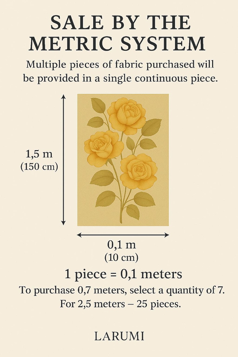 Puede incluir: Un diagrama que muestra c&oacute;mo calcular las compras de tela utilizando el sistema m&eacute;trico. La imagen muestra una ilustraci&oacute;n floral amarilla con medidas en metros y cent&iacute;metros. El texto dice "SALE BY THE METRIC SYSTEM", "Multiple pieces of fabric purchased will be provided in a single continuous piece.", "1,5 m (150 cm)", "0,1 m (10 cm)", "1 pieza = 0,1 metros", "Para comprar 0,7 metros, seleccione una cantidad de 7. Para 2,5 metros - 25 piezas.", y "LARUMI".