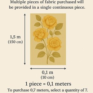 May include: A diagram showing how to calculate fabric purchases using the metric system. The image shows a yellow floral illustration with measurements in meters and centimeters. The text reads "SALE BY THE METRIC SYSTEM", "Multiple pieces of fabric purchased will be provided in a single continuous piece.", "1,5 m (150 cm)", "0,1 m (10 cm)", "1 piece = 0,1 meters", "To purchase 0,7 meters, select a quantity of 7. For 2,5 meters - 25 pieces.", and "LARUMI".