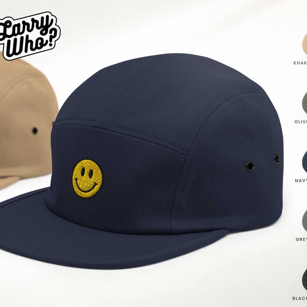 5 Panel Cap mit gesticktem Smiley | Verstellbare Unisex Camper Mütze mit Stickerei | Farben, Bunt, Emoji, Fun, Frühling, Emoticon