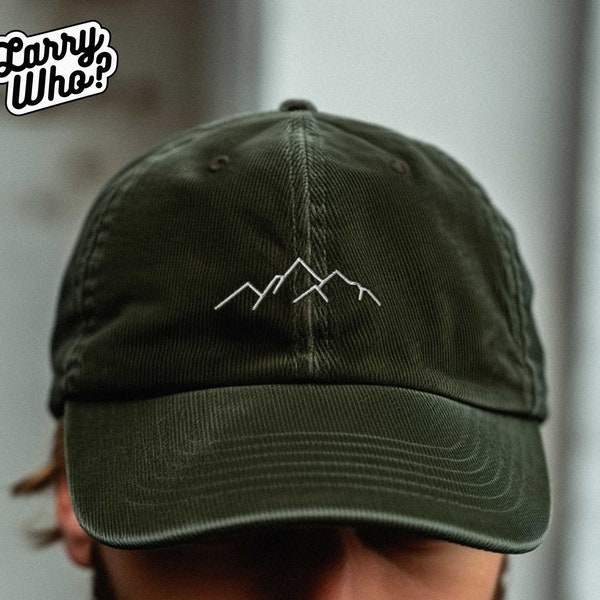 Minimalistische Berge Line Art Cord Kappe | Unisex Outdoor Baumwollcap | Stylisch, Handgefertigt, Naturmotiv Mütze, Geschenk für Wanderer