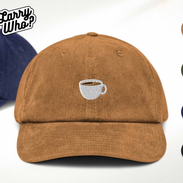 Kord Cap mit gestickter Kaffeetasse | Unisex Baumwoll-Mütze mit Stickmotiv | Tee, Coffee Lover, Chai, Cappuccino, Espresso, Schoki, Barista