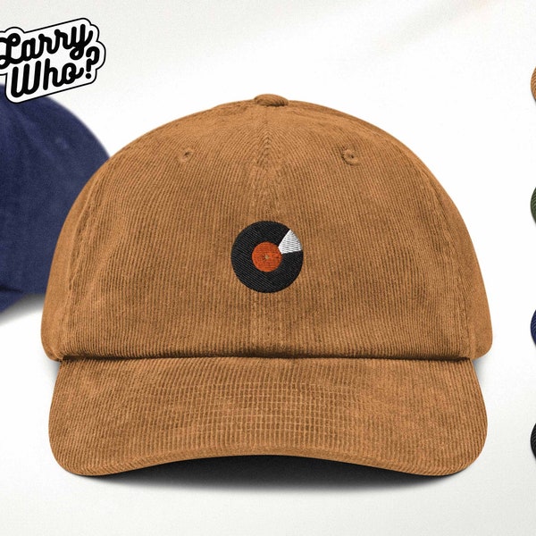 Cap aus Kordstoff mit gestickter Vinyl | Unisex Baumwoll-Mütze mit Stickmotiv | Retro, Schallplatte, Schellack, Grammophon, Plattenspieler