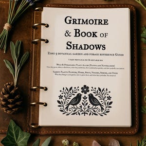 May include: A leather-bound journal with the title "Grimoire & Book of Shadows" is open to a page with botanical illustrations. The page includes text about garden plants and wild plant allies. Lavender, sage, and crystals surround the journal.