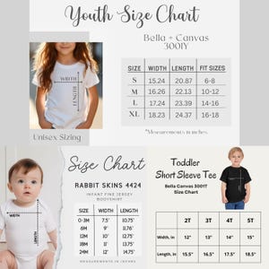 May include: Size chart for Bella + Canvas 3001Y youth t-shirts, Bella + Canvas 3001T toddler short sleeve tees, and Rabbit Skins 4424 infant fine jersey bodysuits. The chart shows sizes, width, and length measurements in inches.