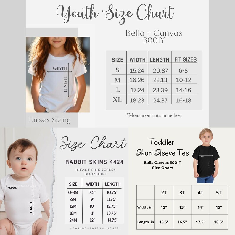 May include: Size chart for Bella + Canvas 3001Y youth t-shirts, Bella + Canvas 3001T toddler short sleeve tees, and Rabbit Skins 4424 infant fine jersey bodysuits. The chart shows sizes, width, and length measurements in inches.