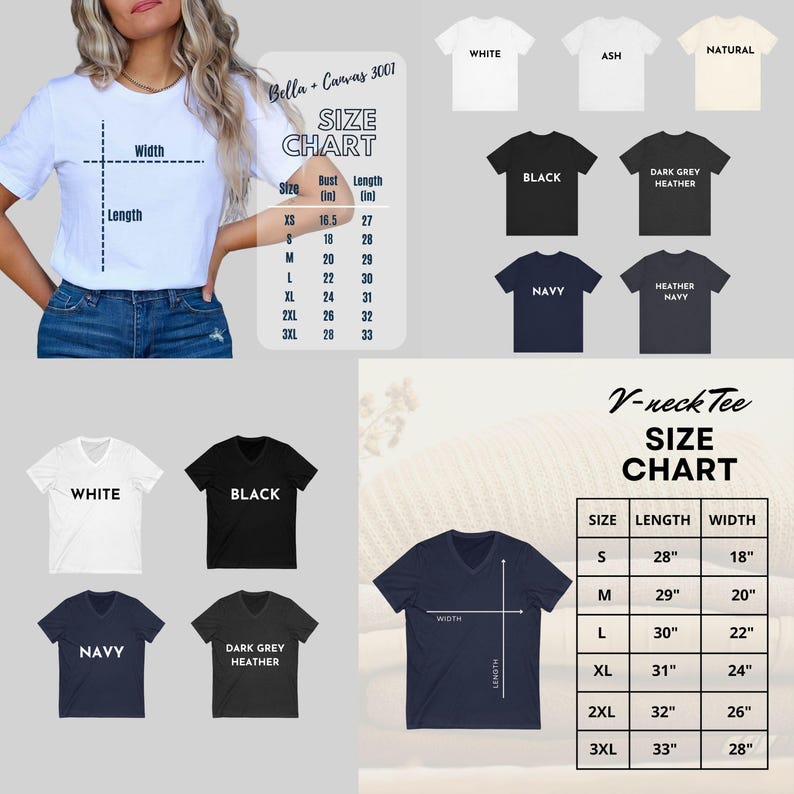 May include: Size chart for Bella + Canvas 3001 t-shirts in various colours, including white, black, navy, ash, dark grey heather, and natural. The chart shows bust and length measurements in inches for sizes XS to 3XL. A separate chart shows size, length, and width measurements in inches for V-neck t-shirts in white, black, navy, and dark grey heather.