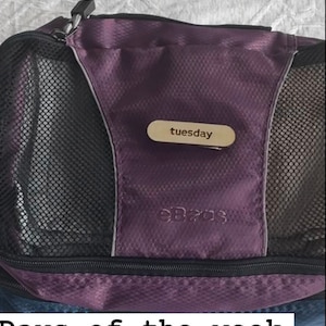 May include: A rectangular purple packing cube with black mesh panels and a zipper closure. Attached to the front is a small, light-colored rectangular magnetic label with the word "tuesday" printed in black lowercase letters on its surface.
