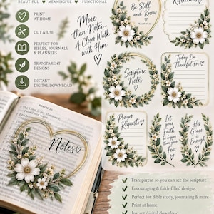 May include: A digital collection of six transparent note designs featuring white floral and green leaf illustrations. The set includes text labels like Be Still and Know, My Reflections, Scripture Notes, Today I'm Thankful For, Prayer Requests, and His Grace is Enough.