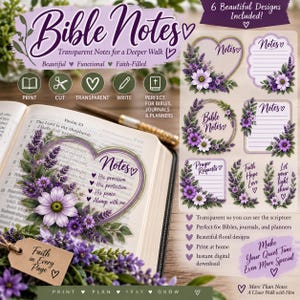 May include: A set of printable transparent Bible notes featuring purple and white floral designs. The collection includes heart-shaped, circular, and rectangular note templates with text like Notes, Prayer Requests, and Faith Hope Love.