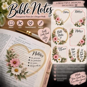 May include: A set of six transparent Bible notes featuring floral designs with pink and white daisies. The notes include heart-shaped, rectangular, and circular frames with text like Notes, Bible Notes, Prayer Requests, and Faith Hope Love.
