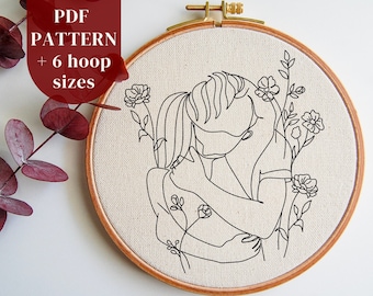 Couple Hug with Flowers Hand Embroidery PDF Pattern, Romantic DIY Hoop Art Embroidery Design, Minimal Needlepoint Pattern, Instant Download