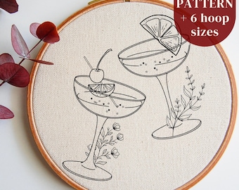 Modern Hand Embroidery Digital Design, Champagne Glasses with Flowers, DIY Emroidery Hoop Art PDF Pattern, Beginners Hand Stitching Template