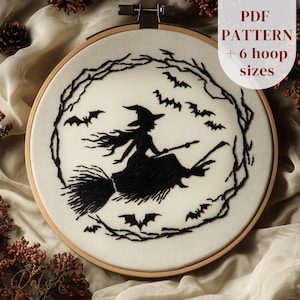 Flying Witch Hand Embroidery Design, Gothic Embroidery PDF Pattern, Witchy DIY Embroidery Template, Gothic Halloween Craft, Digital Download