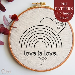Może przedstawiać: Białe tamborek do haftu z czarnym rysunkiem linii tęczy, serca i gwiazd. Tekst "love is love." jest napisany pod tęczą. Tamborek znajduje się na białym tle.