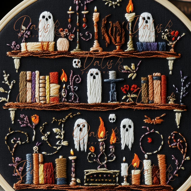 Puede incluir: Obra de arte bordada con tem&aacute;tica de Halloween con un fondo negro, que representa estanter&iacute;as con libros, velas, fantasmas y elementos decorativos. La obra de arte incluye el texto "Dalis". La paleta de colores incluye naranja, marr&oacute;n, blanco y negro.