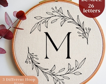 26 Letters Alphabet Embroidery PDF Pattern Bundle, DIY Embroidery Monogram Design with Leaves Wreath, Instant Digital Download, 4, 6, 8 Inch