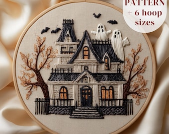 Patrón de bordado de casa embrujada, diseño de bordado a mano de Halloween, bordado espeluznante en PDF imprimible, patrón de costura de Halloween, manualidad DIY