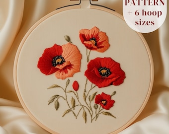 Red Poppies Hand Embroidery Pattern, Poppy Flowers Embroidery Design, Printable Embroidery PDF Template, Stitching Pattern, Digital Download