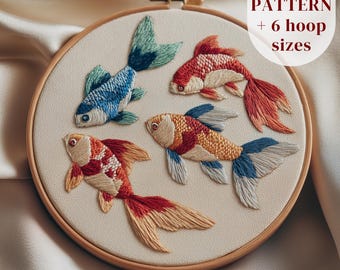 リアルな魚の模様を8つ描いた浅瀬の手刺繍パターン（PDFパターン