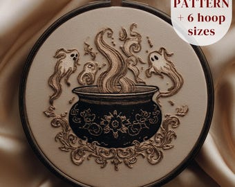 Haunted Witch Cauldron Embroidery Pattern, Halloween Hand Embroidery Design, Gothic Embroidery PDF Printable, Halloween Stitching Pattern