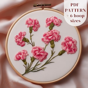 Modernt nejlikabroderimönster PDF, januarifödelseblomma DIY Hoop Art, rosa blomtrådsmålning