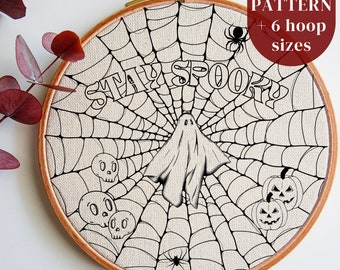 Stay Spooky Hand Embroidery Pattern, Halloween Embroidery PDF Design, Spiders, Spider Web, Ghost and Pumpkins, DIY Embroidery Art Printable