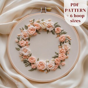 Peonies Wreath Hand Embroidery Design, Wedding Flowers Embroidery Pattern, Peony Embroidery PDF Template, Wedding Wreath Stitching Pattern