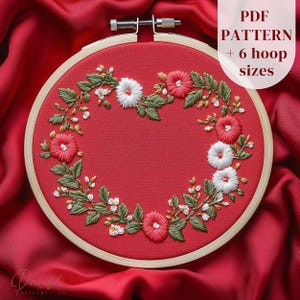 Flowers Wreath Embroidery PDF Pattern, Wedding Hand Embroidery Design, Heart Shaped Wreath Hand Stitching Template, Handmade Newlyweds Gift