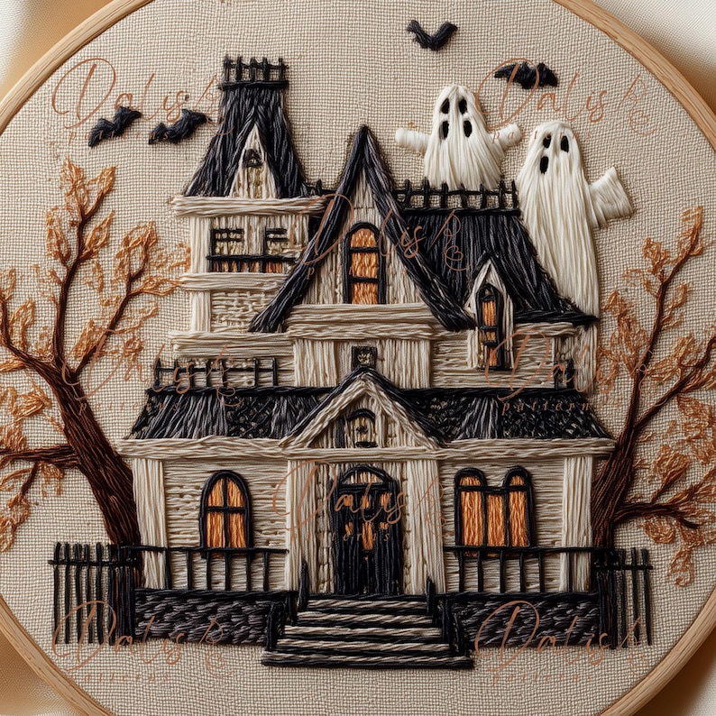 Haunted House Embroidery Pattern, Halloween Hand Embroidery Design ...