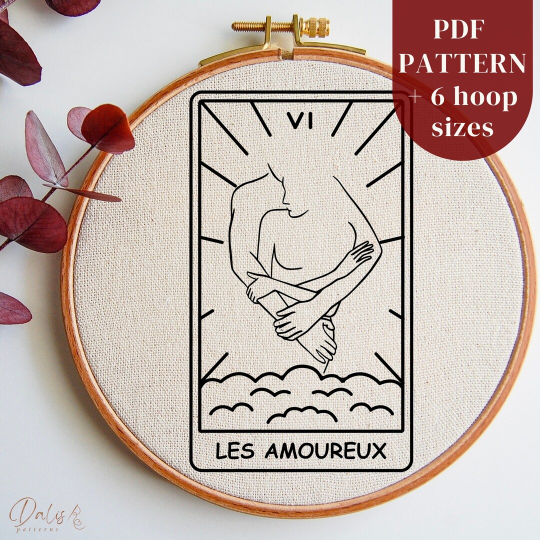 Tarot Card Hand Embroidery PDF Pattern the Lovers in French, Romantic
