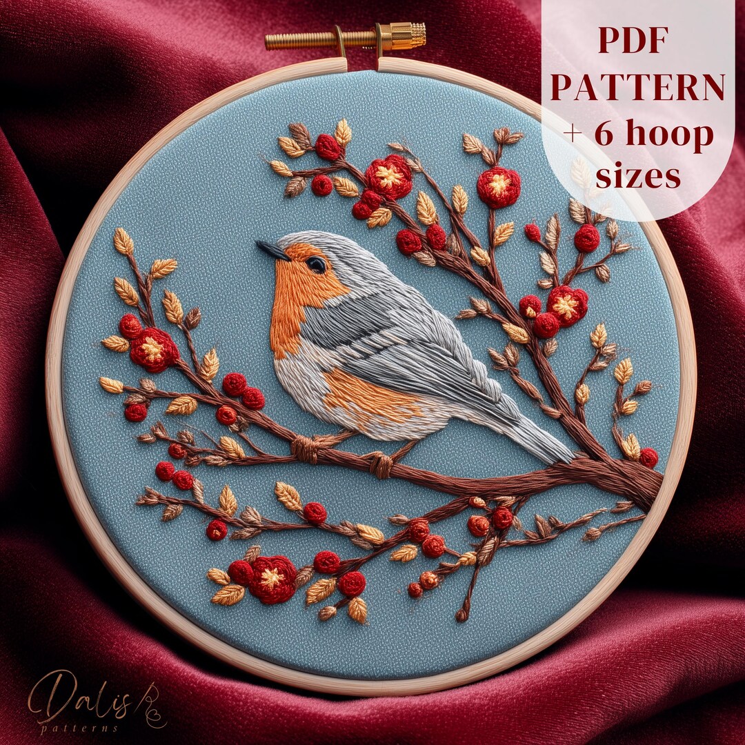 Robin Bird Hand Embroidery Pattern - Floral Animal Hoop Art PDF, DIY ...