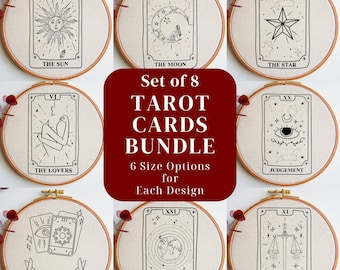 Tarotkortbroderi PDF-mönsterpaket, häxigt handbroderidesignset, solen, månen, stjärnan och världen, psykisk DIY-ringkonst för nybörjare