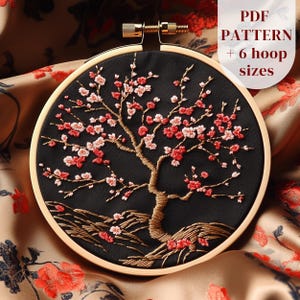 桜の木の手刺繍デザイン、桜の刺繍パターン、春のDIY刺繍PDFテンプレート、デジタル桜ステッチパターン