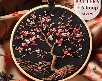 Sakura Tree Hand Embroidery Design, Cherry Blossoms Embroidery Pattern, Spring DIY Embroidery PDF Template, Digital Sakura Stitching Pattern