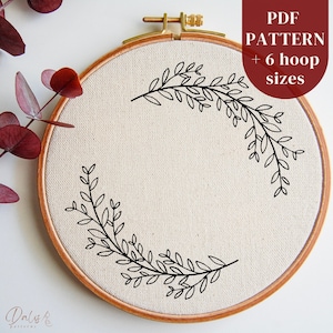 Leafy Wreath DIY Hand Embroidery Design, Beginner Hand Embroidery PDF Pattern, Botanical DIY Hoop Art Digital Pattern File, Instant Download