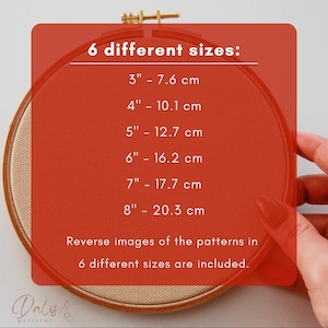 May include: A wooden embroidery hoop with a red fabric insert. The image displays the sizes available: 3 inches (7.6 cm), 4 inches (10.1 cm), 5 inches (12.7 cm), 6 inches (16.2 cm), 7 inches (17.7 cm), and 8 inches (20.3 cm).