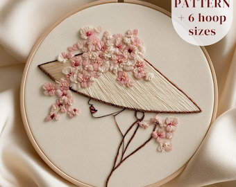 May include: Embroidery hoop art featuring a woman's profile wearing a hat adorned with pink flowers. The design is stitched on a cream-colored fabric, with the text "PDF PATTERN + 6 hoop sizes" in the upper right corner.