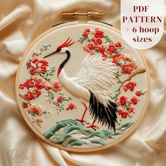 鶴の刺繍作品 約40x30cm 日本の鶴の刺繍デザイン、タンチョウヅルの刺繍パターン、動物の手刺繍