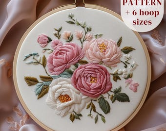 Peonies Bouquet Embroidery Pattern - Flowers Hand Stitching - PDF Hoop Art Download