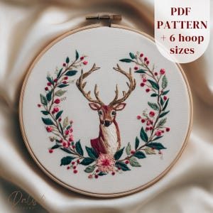 Christmas Reindeer Hand Embroidery Design, Christmas Wreath Embroidery PDF Pattern, Winter Stitching Pattern, Holiday Season Embroidery Gift