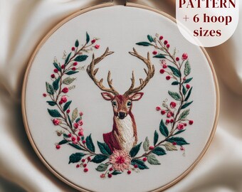 トナカイの刺繍PDFパターン、クリスマスリースの手刺繍デザイン