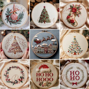 May include: A collection of nine circular embroidery hoops featuring various Christmas-themed designs, including decorated pine trees, a winter village with a sleigh, floral wreaths, and text reading HO HO HOOO or HO HO, all on fabric.