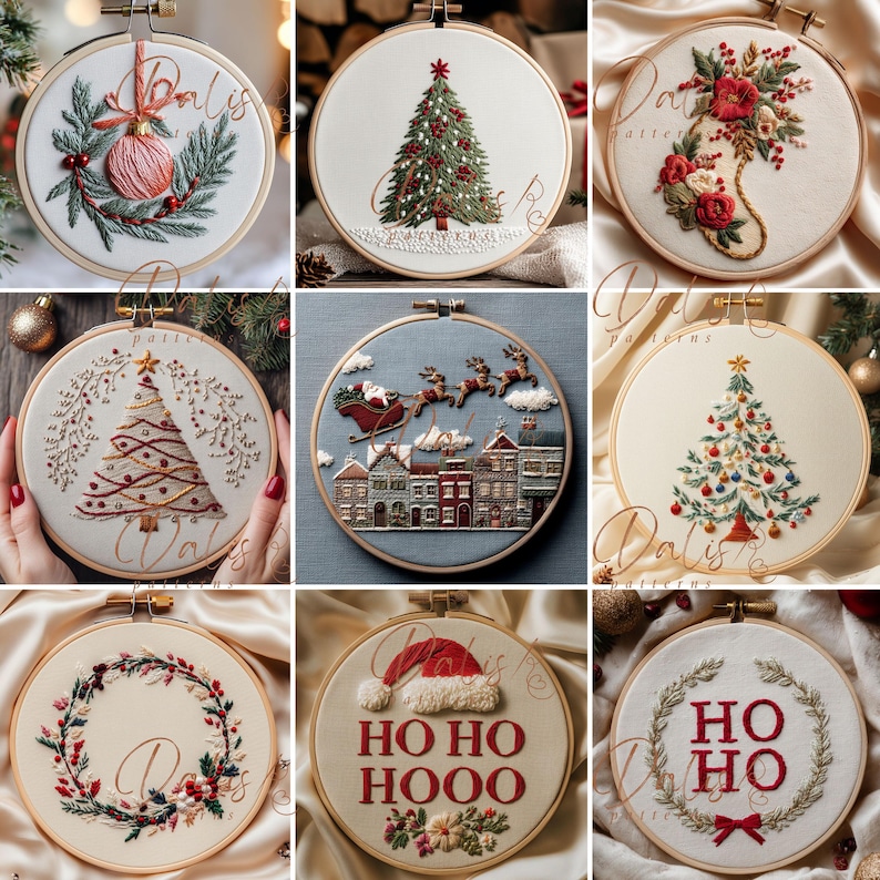 May include: A collection of nine circular embroidery hoops featuring various Christmas-themed designs, including decorated pine trees, a winter village with a sleigh, floral wreaths, and text reading HO HO HOOO or HO HO, all on fabric.