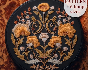 Art Nouveau Marigold Embroidery Pattern: Elegant October Birth Flower PDF Design, Floral Hoop Art