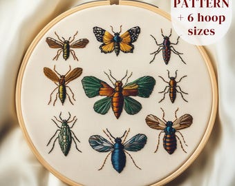 Motif de broderie à la main insectes, motif PDF de broderie collection Bugs, modèle de couture bricolage insectes, art numérique de broderie imprimable