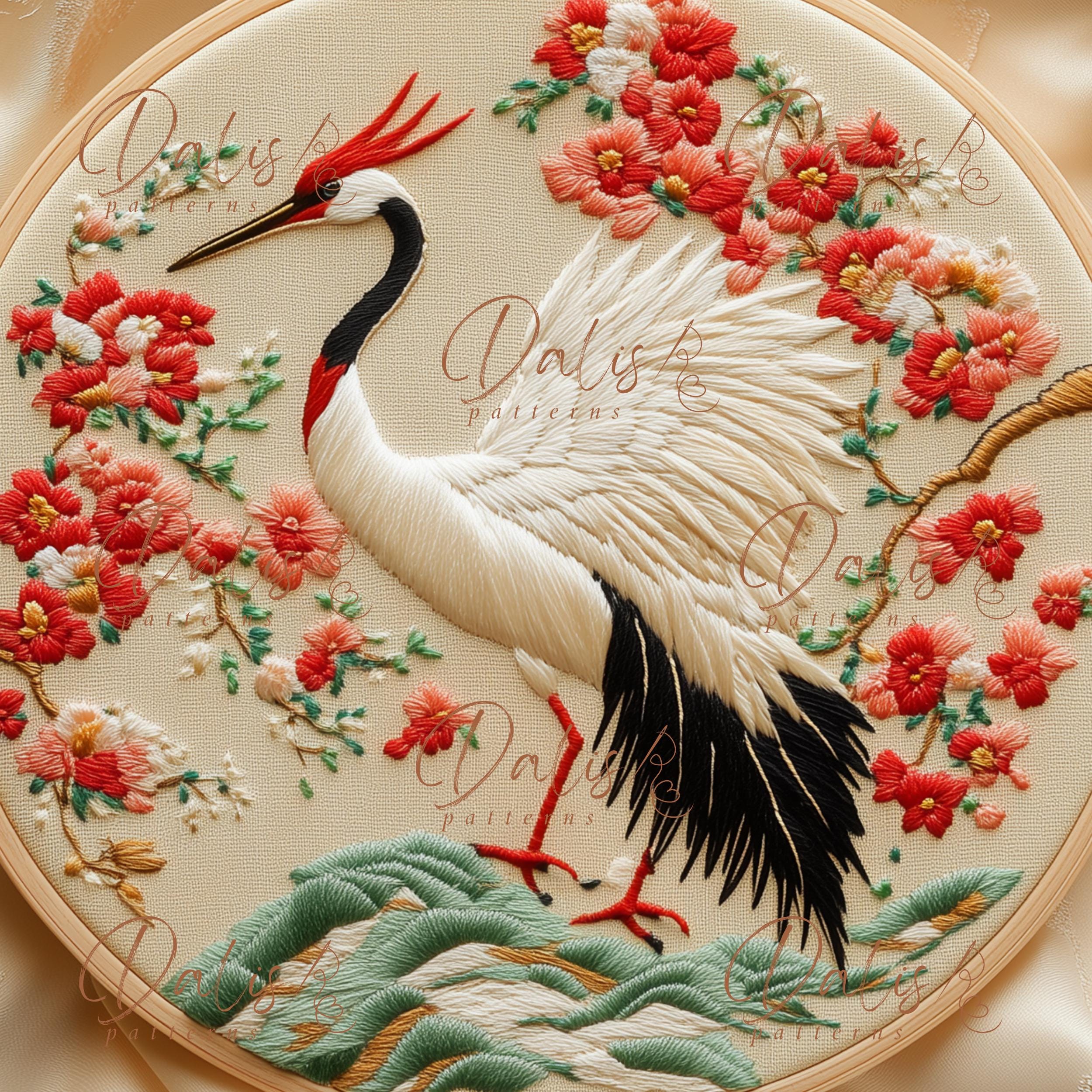 日本の鶴の刺繍デザイン、丹頂鶴の刺繍パターン、動物の手刺繍枠アート