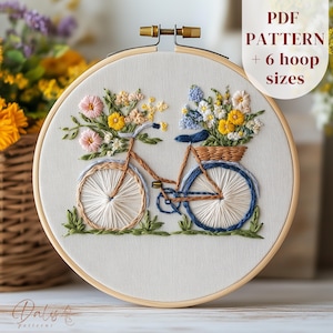 Modernes Handstickerei PDF Muster, Fahrrad und Frühlingsblumen Stickmuster, Frühlingsblumen Stickvorlage, digitaler Download