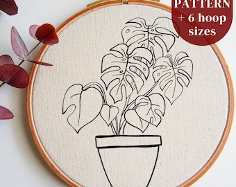 Botanical PDF Hand Embroidery Pattern, Monstera Deliciosa Plant in a Pot, DIY Needlepoint Design for Hoop Art Projects, Instant Download